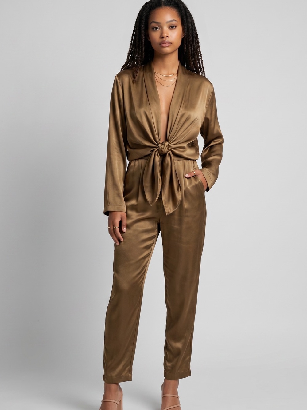 MARBLE Satin Plunge Tie Bronze Jumpsuit with Pockets | Size Small